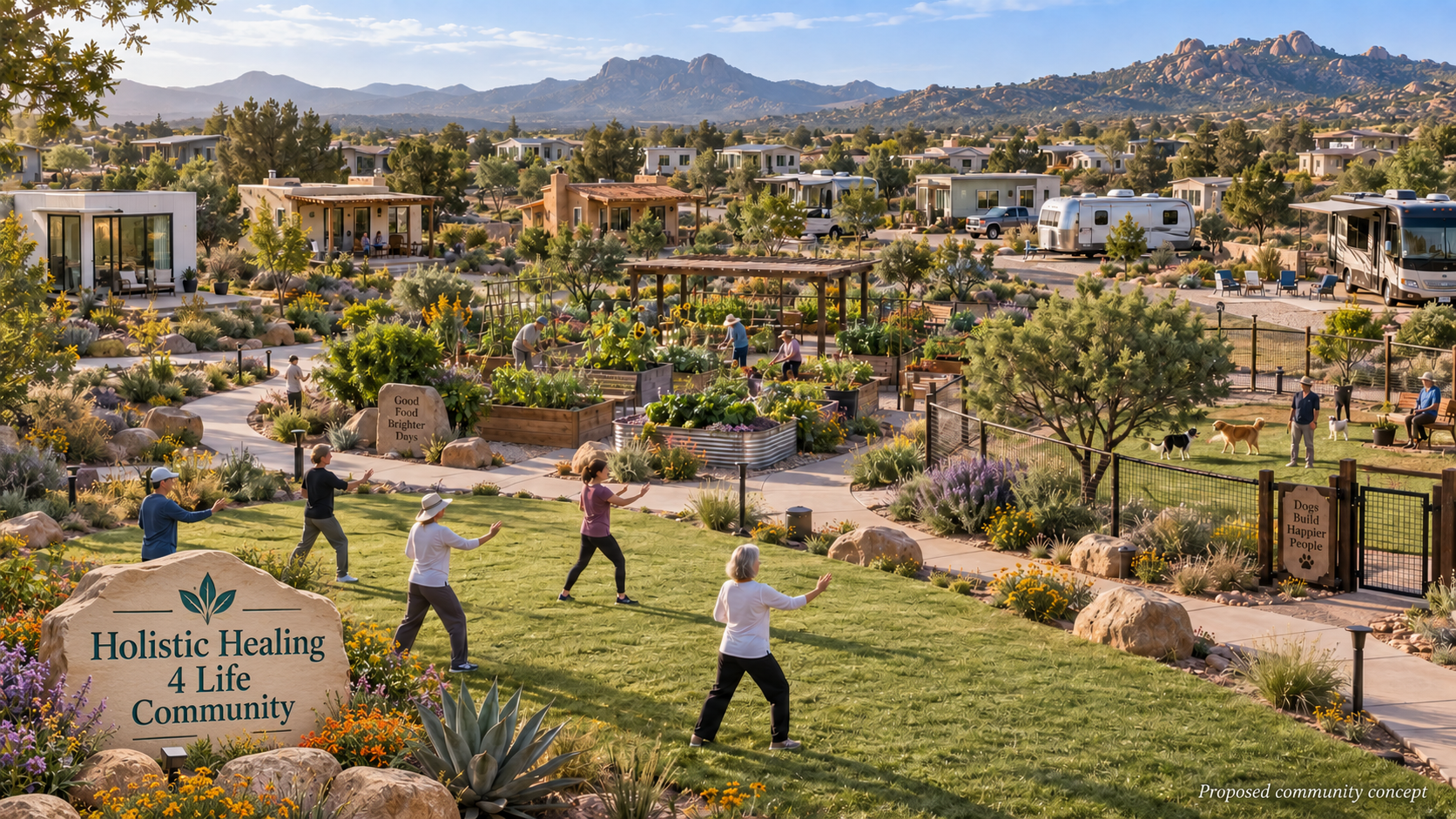 Proposed Holistic Healing 4 Life Community with a welcoming stone sign, BOXABL-style homes, Baja-inspired tiny homes, RVs, mobile homes, community gardens, a dog park and residents practicing tai chi